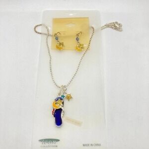 Icon Collection Flip Flop Moon Star‎ Necklace & Dangle Earrings Set Blue Yellow